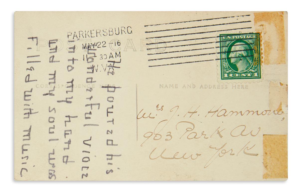 KELLER, HELEN. Postcard Photograph Signed and Inscribed, With Love / Helen Keller, in pencil, with Autograph Note, to Mrs. John Hays